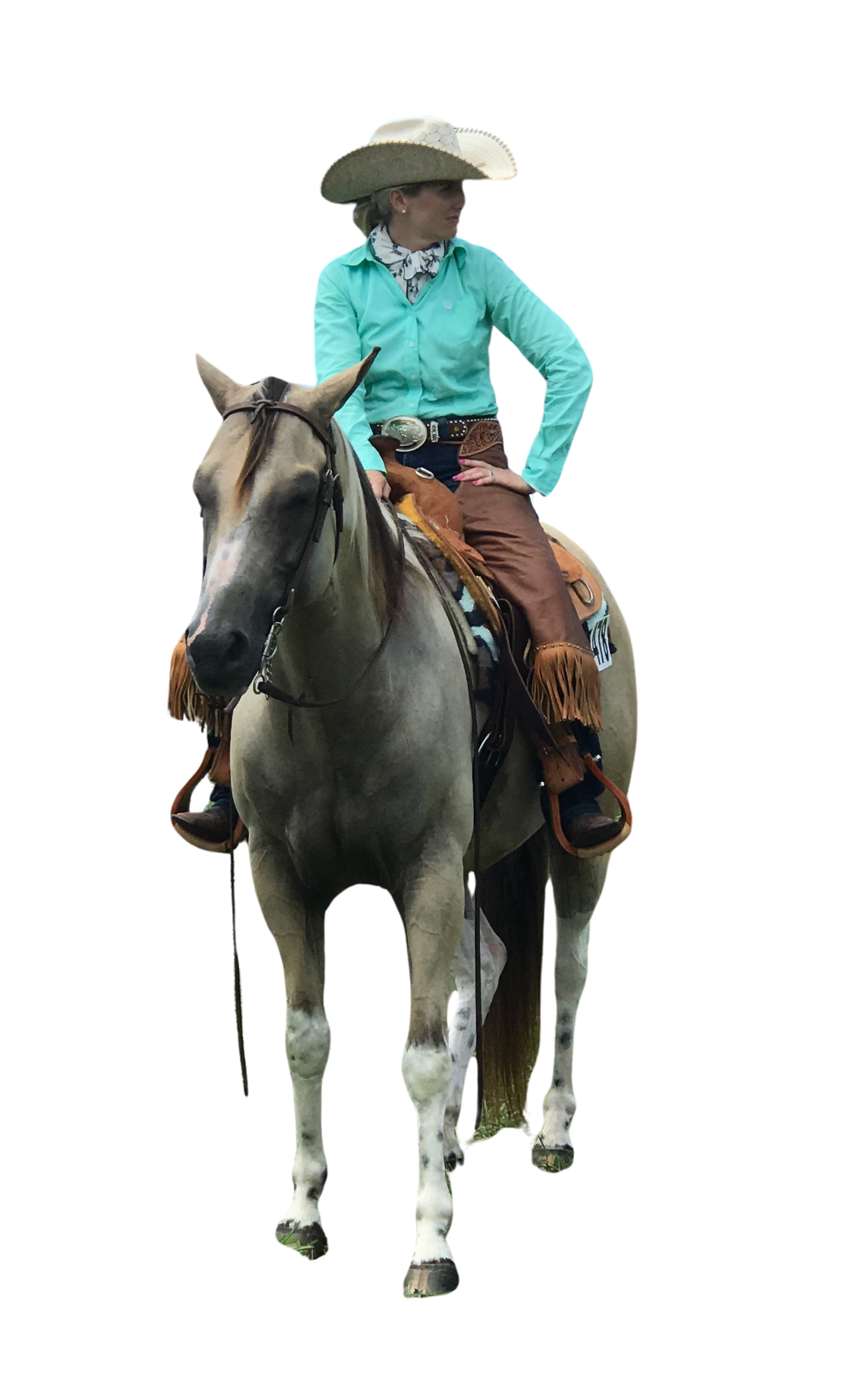 Brandy Ashman, DVM and Owner of Hoofbeats Equine Service is riding a horse fully equipped with cowboy uniform - Equine Veterinarian Brandy Ashman, DVM and Owner of Hoofbeats Equine Service is riding a horse fully equipped with cowboy uniform - Equine Veterinarian